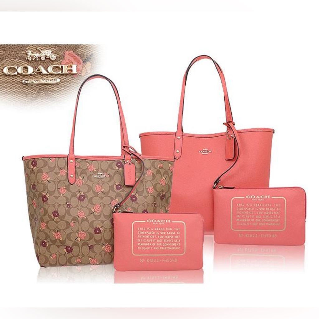 Nwt Vhtf Coach Bundle Coral Pink Reversible Zippered Tote With Pouch Zipper Bag
